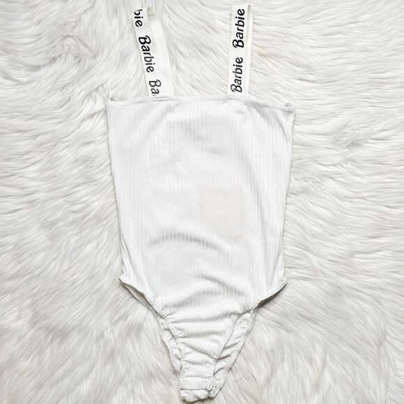 Missguided x Barbie Strapped Straight Neck Ribbed Bodysuit White & Black Size 2 - Picture 1 of 6